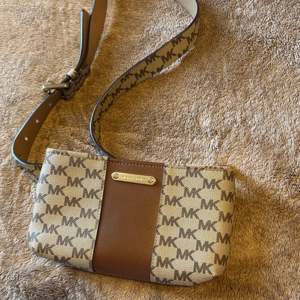 Michael Kors Beige and Brown MK Logo Crossbody Bag